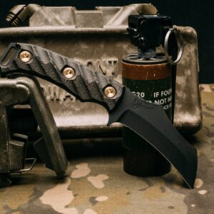 Half Face Blades - Vulture - gold camo carbon, armor black cerakote, brass allen bolts, iron grip, open tang